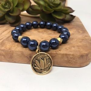 UtterlyAccessorized Jewelry - Navy Blue Swarovski Pearl Lotus Charm Bracelet UtterlyAccessorized Jewelry - Navy Blue Swarovski Pearl Lotus Charm Bracelet